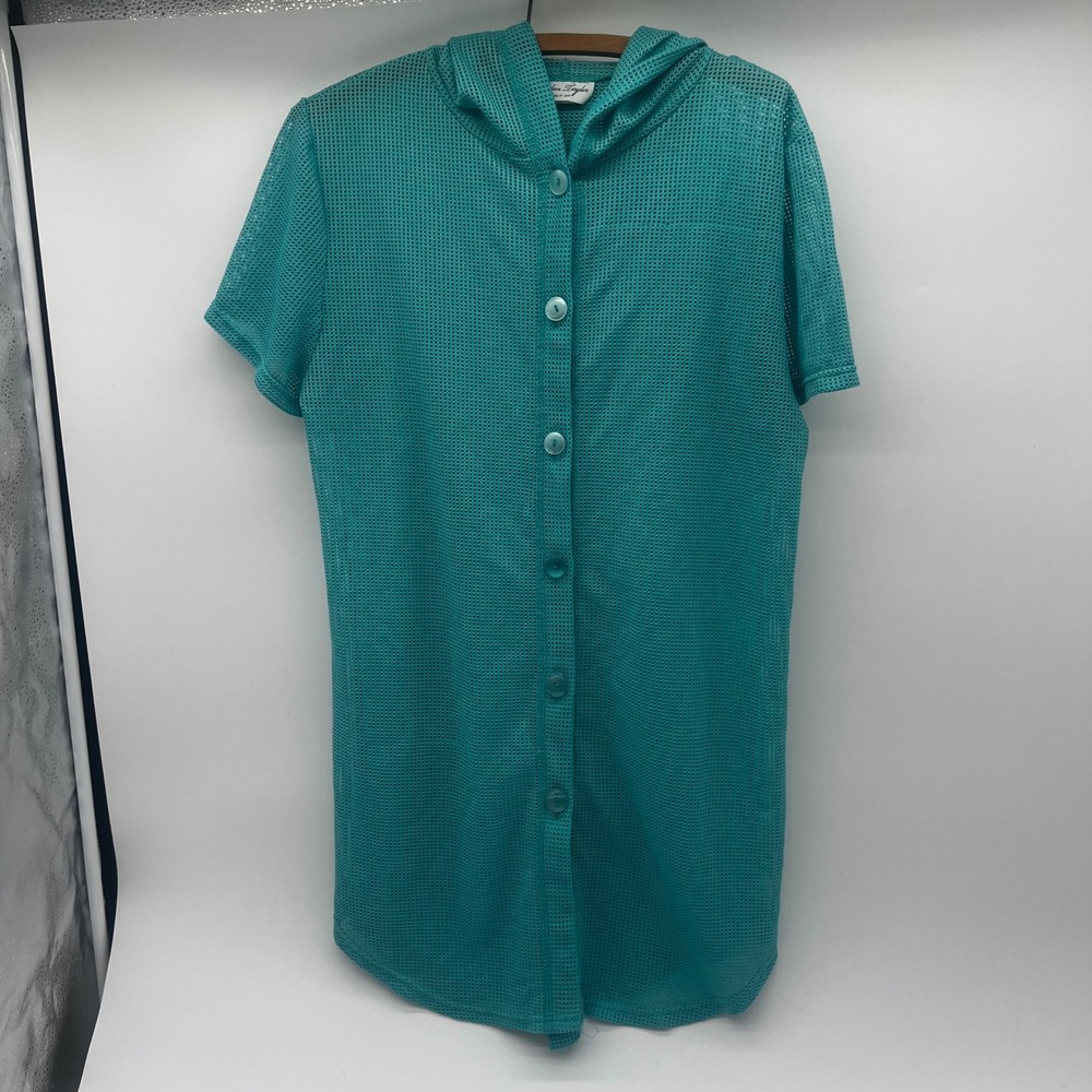 Ann Taylor Teal Mesh‎ Hooded Button Front Short Sleeve Top Womens Teal Size M